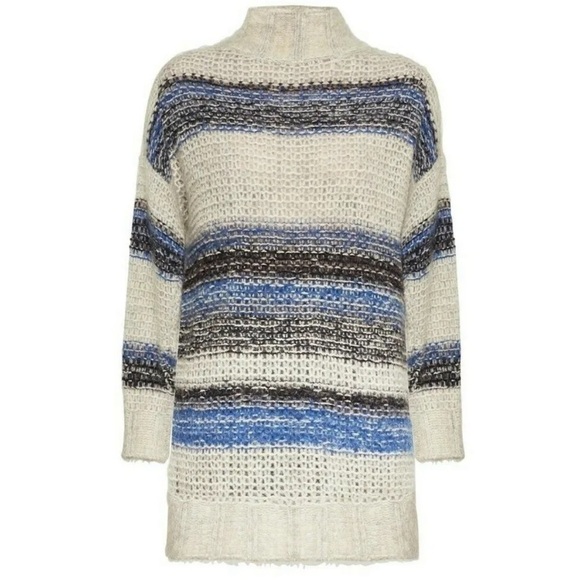 $298 NWT BCBGMAXAZRIA Sz2XS STRIPED OVERSIZED MOHAIR TUNIC SWEATER CERULEAN - Picture 3 of 11